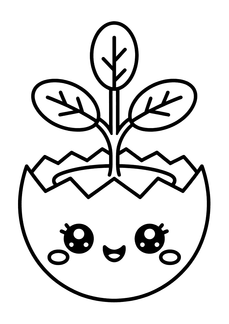 Kleurplaat van een lachende kawaii eierschaal waaruit een plantje met drie grote blaadjes omhoog groeit.