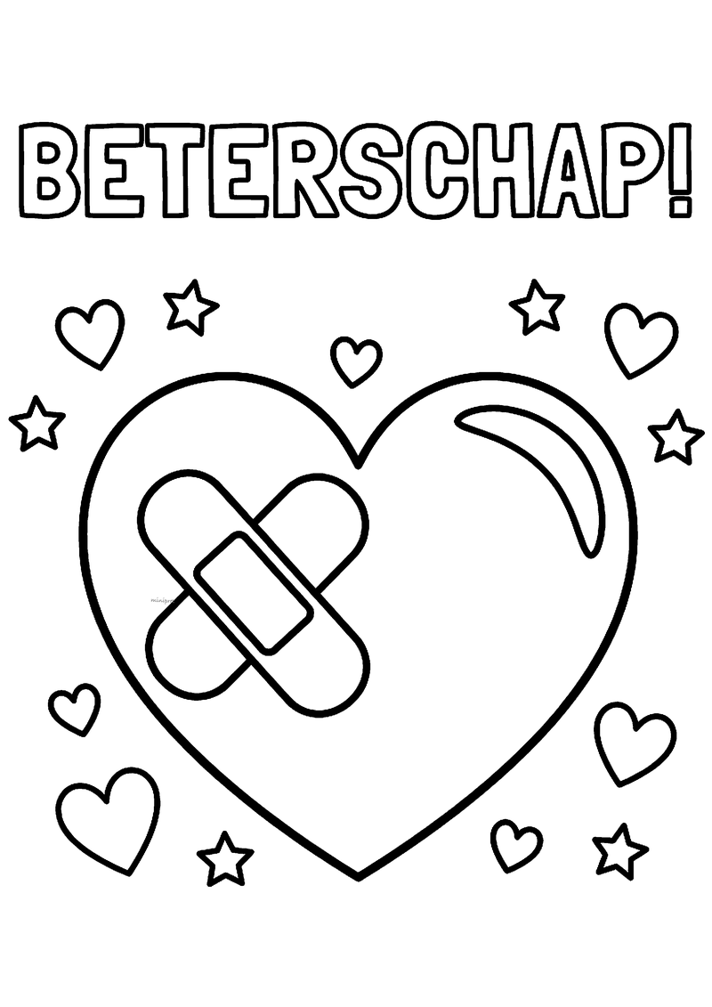 Kleurplaat met de tekst Beterschap! en een groot hart met twee gekruiste pleisters, hartjes en sterren