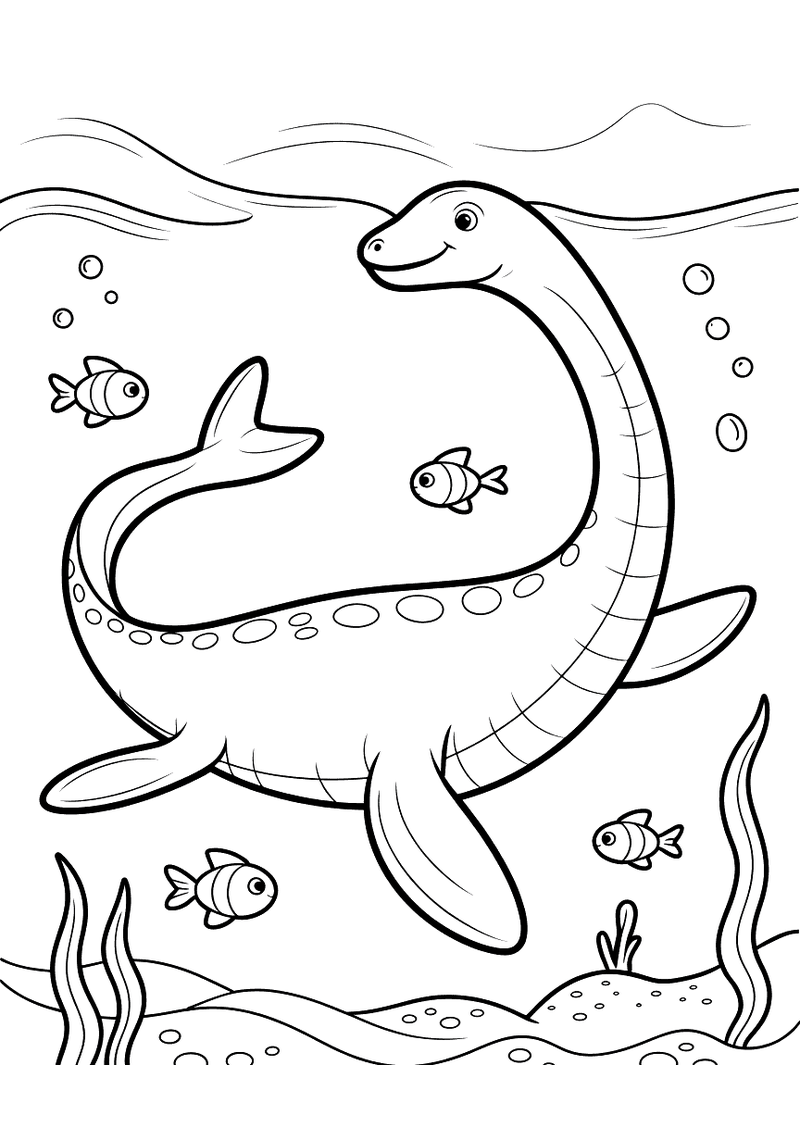 Kleurplaat van een Plesiosaurus met lange nek die zwemt in een onderzeese omgeving met kleurrijke vissen, zeewierplanten