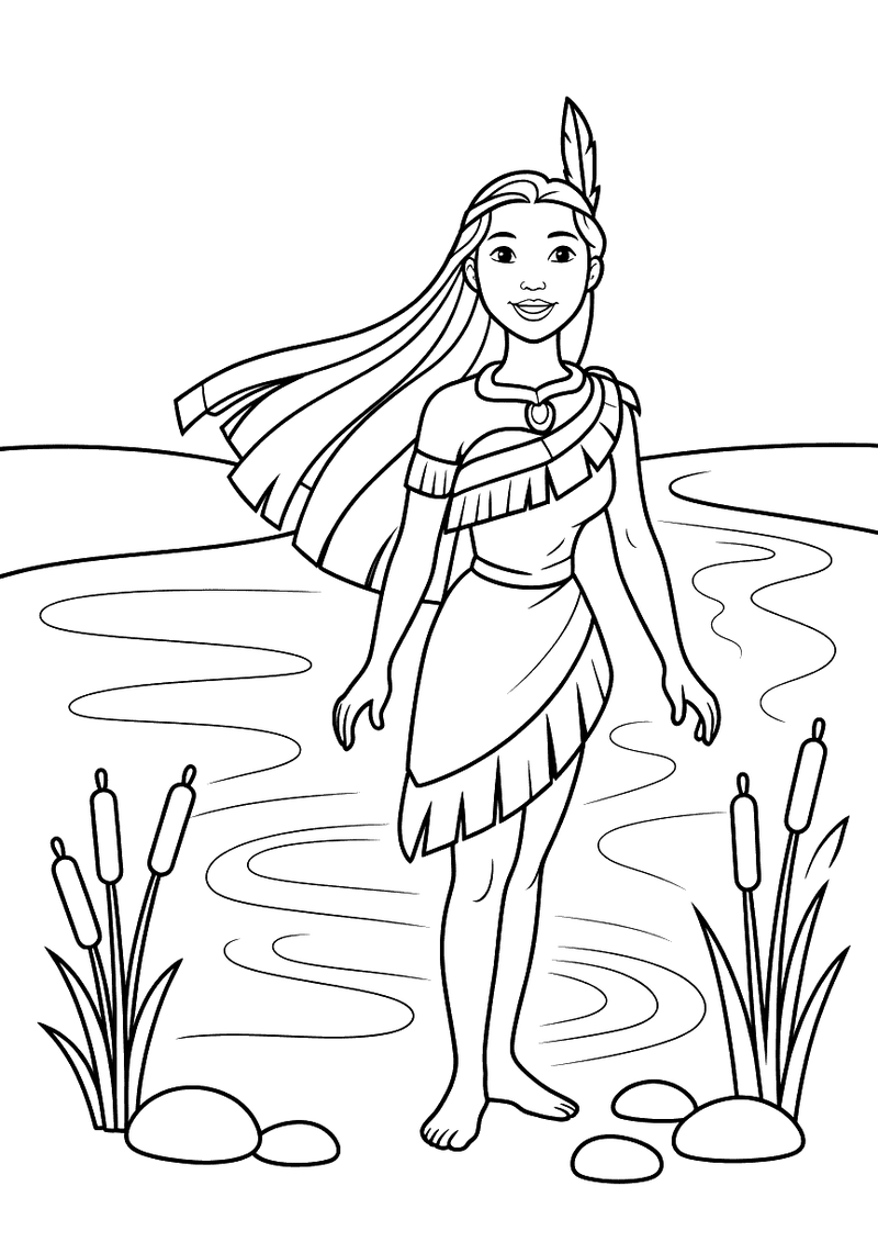 Kleurplaat van Pocahontas die blootsvoets bij een rivier staat met rietstengels rotsen en wapperend haar