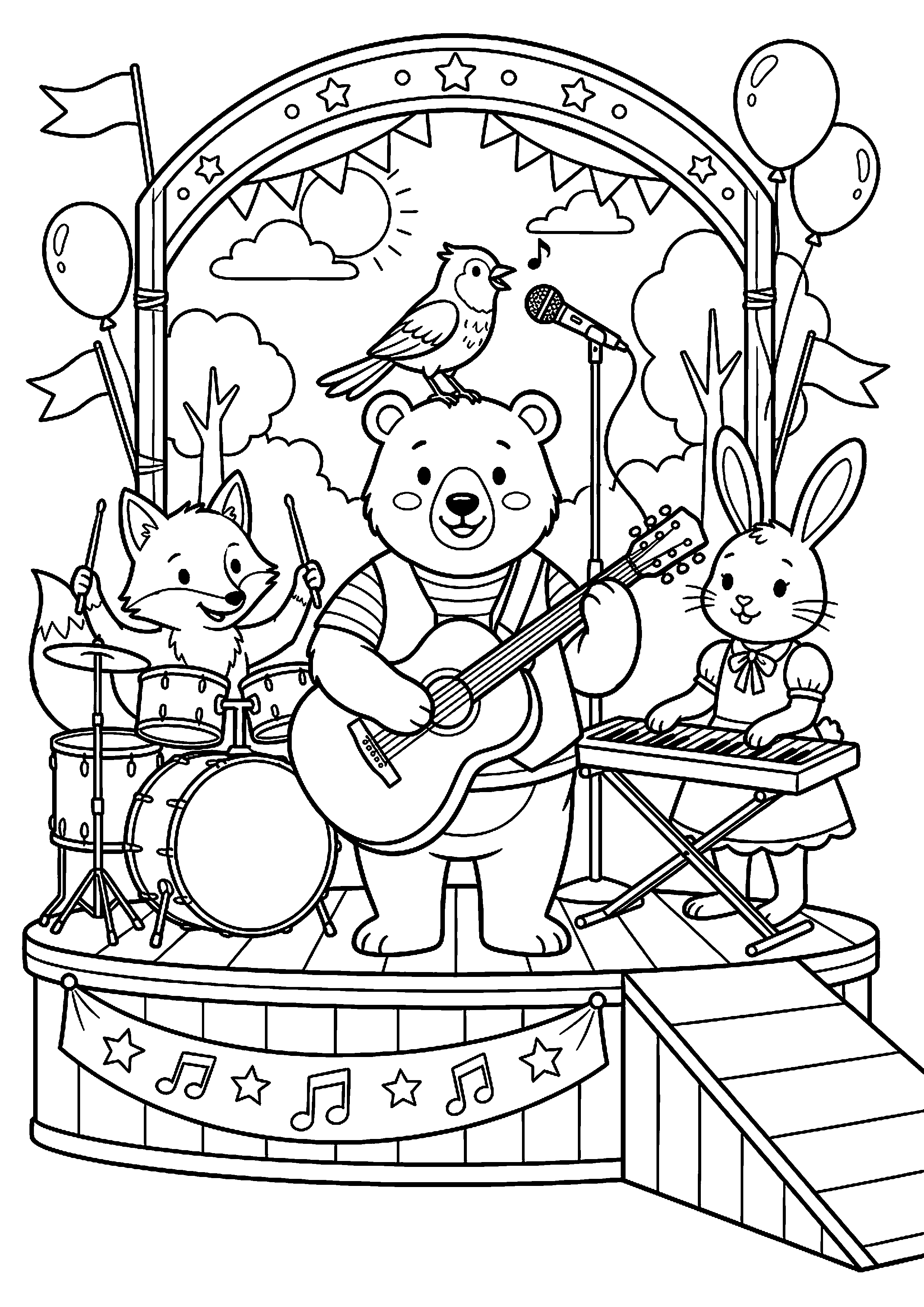 Podium met muziekband kleurplaat — gratis kleurplaat