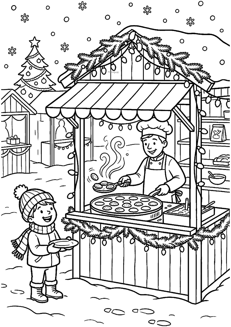 Kleurplaat van een poffertjeskraam met kok die poffertjes bakt op een ronde plaat, lichtjes-slinger en kerstboom.