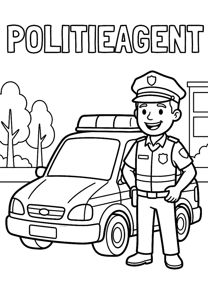 Kleurplaat van een lachende politieagent in uniform naast een politieauto met zwaailicht
