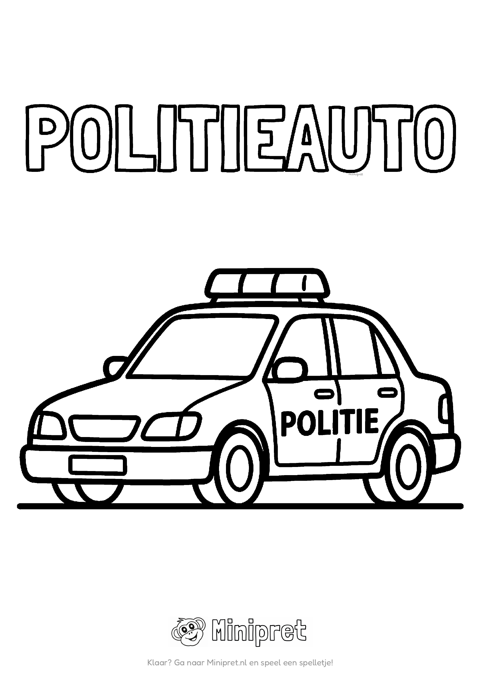 Politieauto met zwaailicht en het woord POLITIE op de zijkant, met het woord POLITIEAUTO in dikke letters erboven