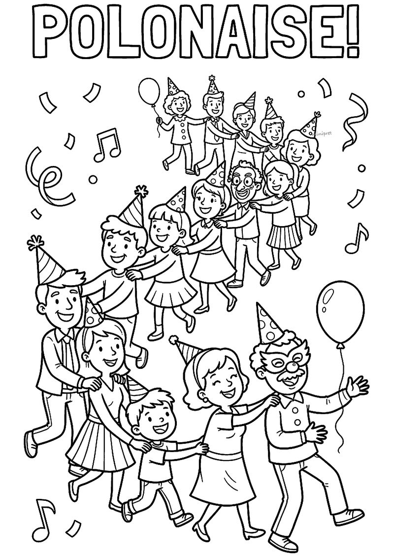 Kleurplaat van een lange polonaise met kinderen en volwassenen met feestmutsen, ballonnen, confetti en muzieknoten