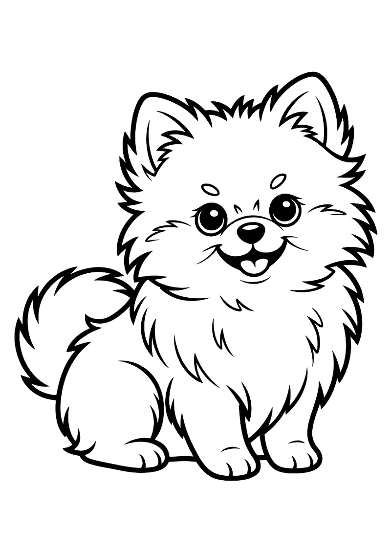 Kleurplaat van een zittende pomeranian met uitbundig pluizig vacht, ronde ogen en een vrolijke uitdrukking