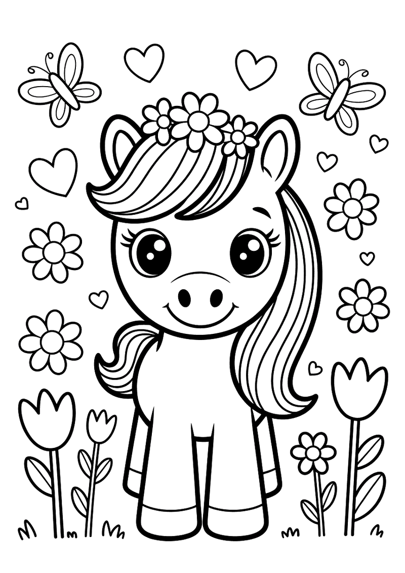 Kleurplaat van een kleine pony met een bloemenkrans in de manen die staat in een bloemenveld vol tulpen, vlinders en har