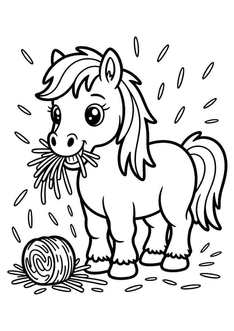 Kleurplaat van een pony die hooi uit zijn bek eet terwijl hij staat bij een hooibal en een emmer in een omheind stalerf