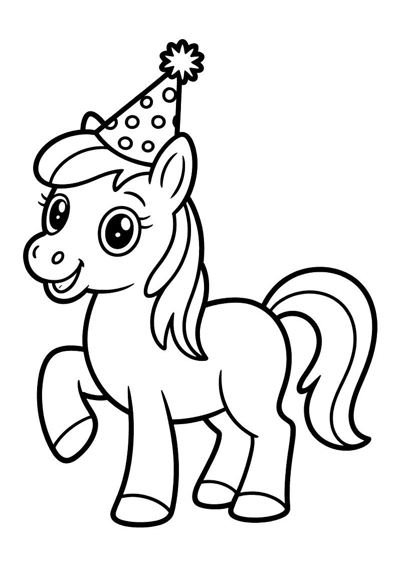 Kleurplaat van een vrolijke pony die huppelt met een grote puntige feestmuts vol stippen op zijn hoofd en een lachend ge