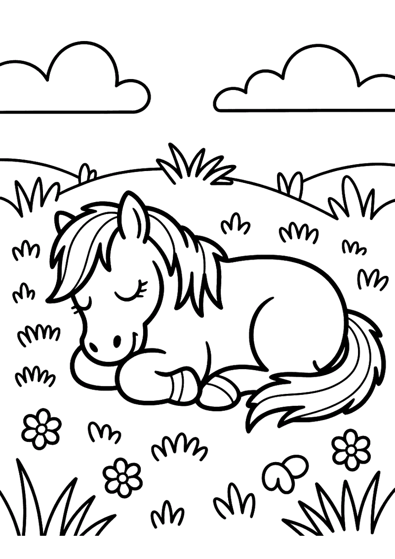 Kleurplaat van een pony die liggend slaapt met gesloten ogen in een weide vol bloemen terwijl wolken boven hem drijven