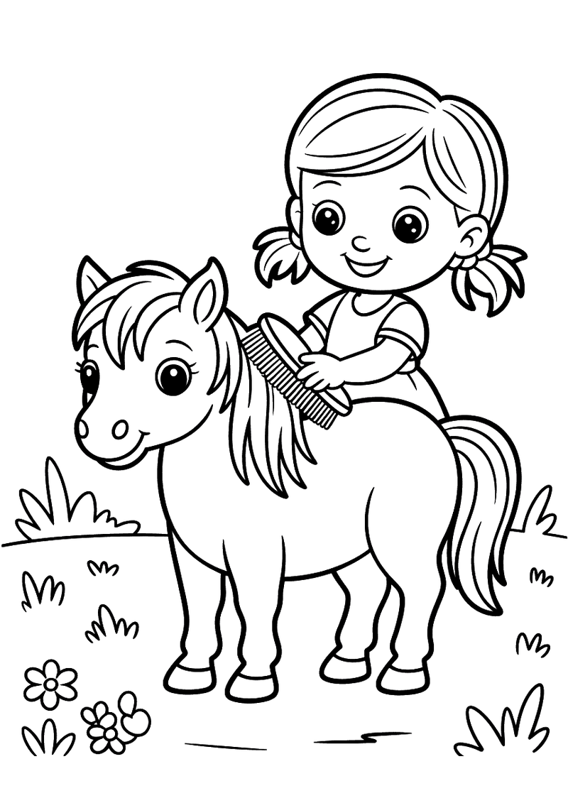 Kleurplaat van een meisje dat op de rug van een pony staat en met een borstel de manen van de pony verzorgt terwijl bloe