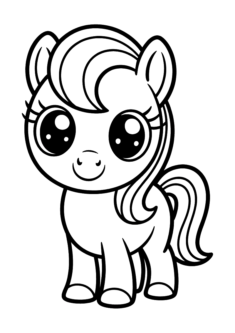 Kleurplaat van een kleine pony met enorme ronde ogen, een brede neus en een lange golvende staart die recht naar voren k