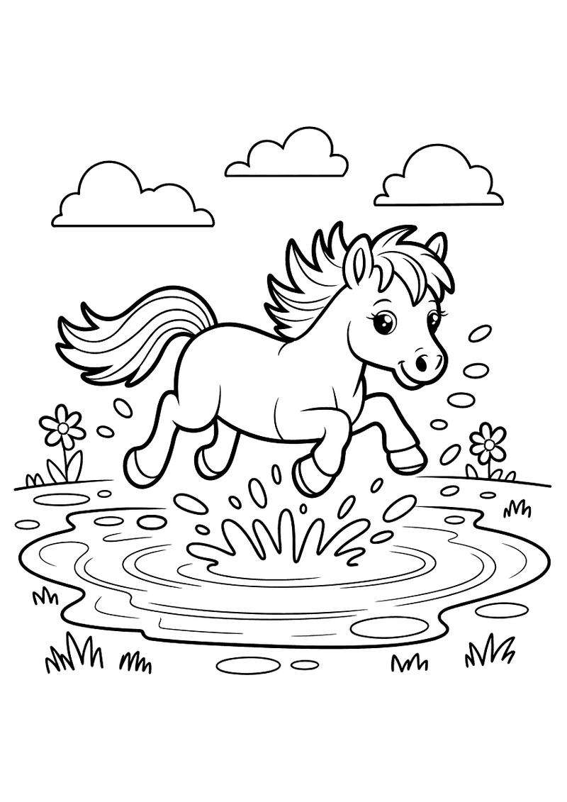 Kleurplaat van een pony die met gespreide benen door een plas huppelt en waterdruppels omhoog schopt terwijl bloemen en 