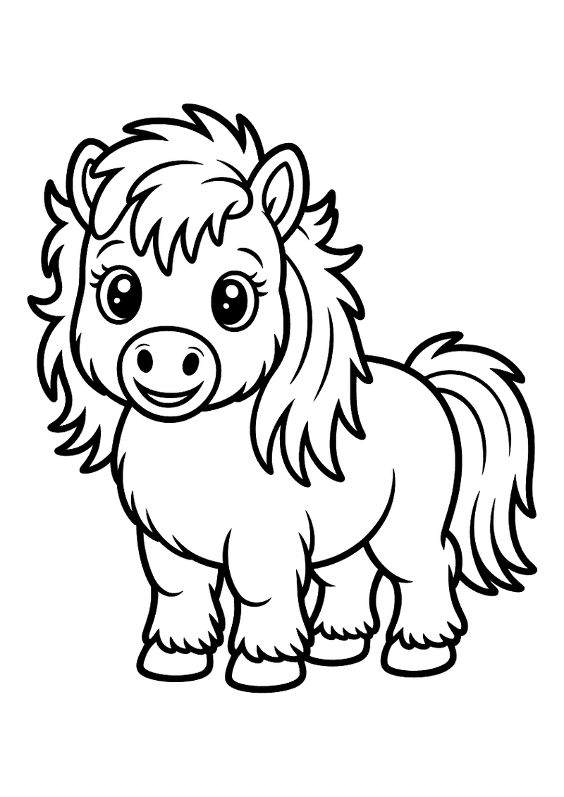 Kleurplaat van een kleine ronde Shetland pony met een dikke pluizige manen en staart die glimlachend recht vooruit kijkt