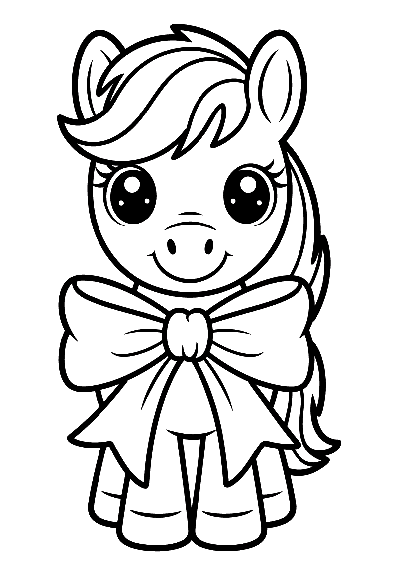 Kleurplaat van een kleine pony met grote ronde ogen en golvende manen die een grote decoratieve strik om zijn nek draagt