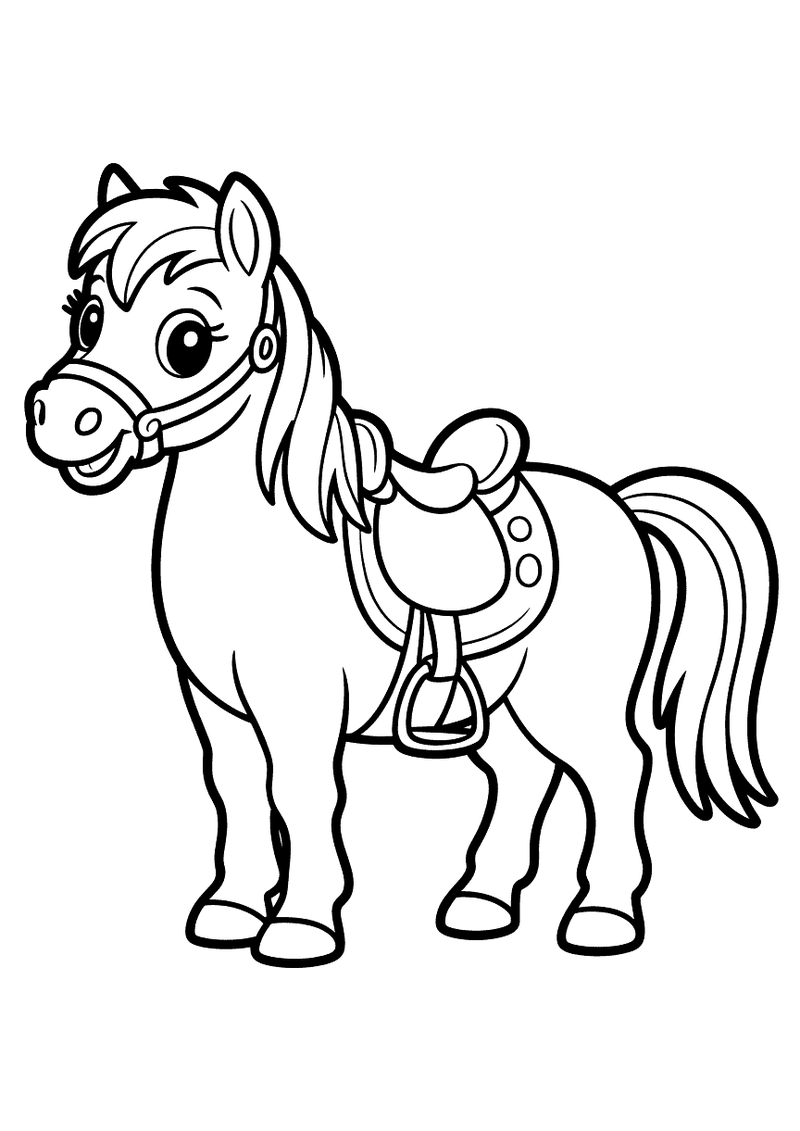 Kleurplaat van een pony die recht vooruit kijkt met een leren zadel op zijn rug en een hoofdstel om terwijl hij klaar st