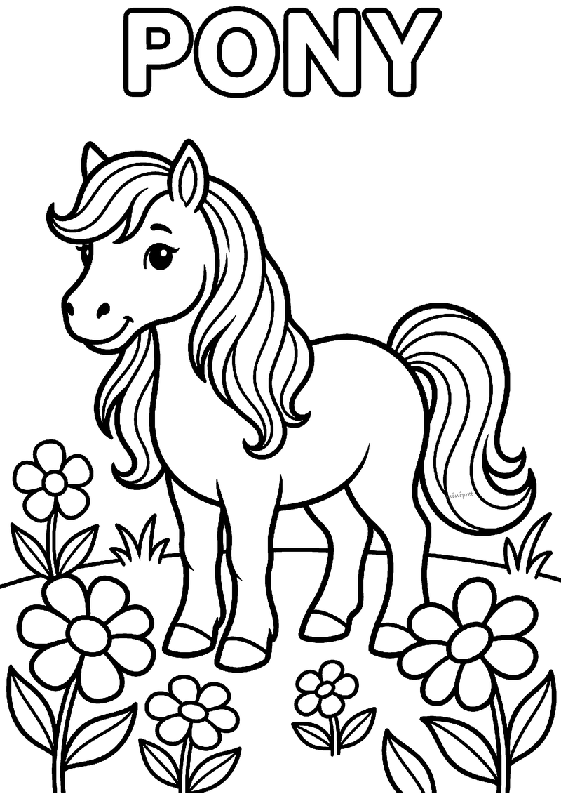 Kleurplaat met de tekst Pony: een pony met lange golvende manen en staart staat tussen grote bloemen