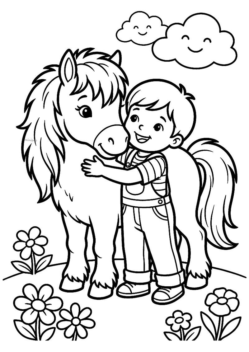 Kleurplaat van een jongen in tuinbroek die de kop van een pony met dikke manen knuffelt, onder lachende wolken