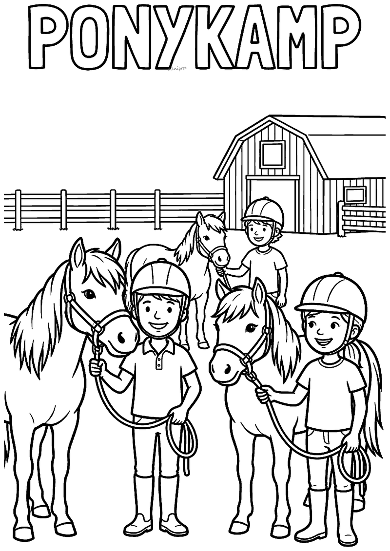 Kleurplaat van drie kinderen met cap die elk een pony aan het halster vasthouden, met schuur en hek