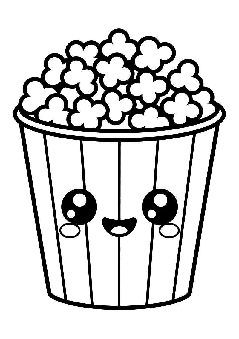 Kleurplaat van een kawaii gestreepte popcornemmer met grote ogen en mond, vol popcorn dat erbovenuit komt.