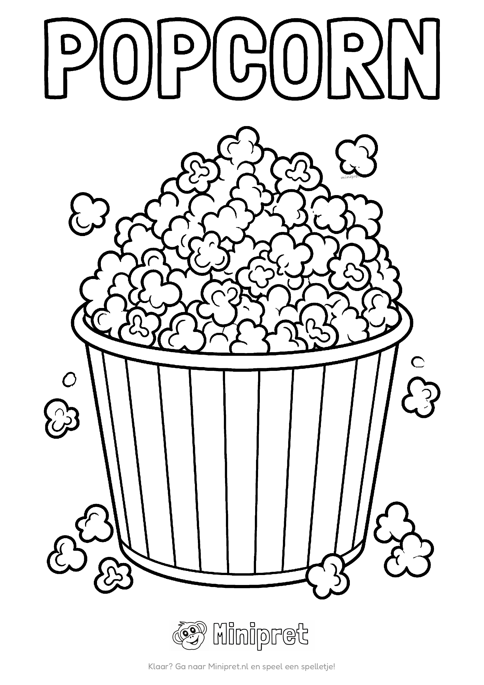 Popcorn als kleurplaat: gestreepte beker vol popcorn die over de rand komt