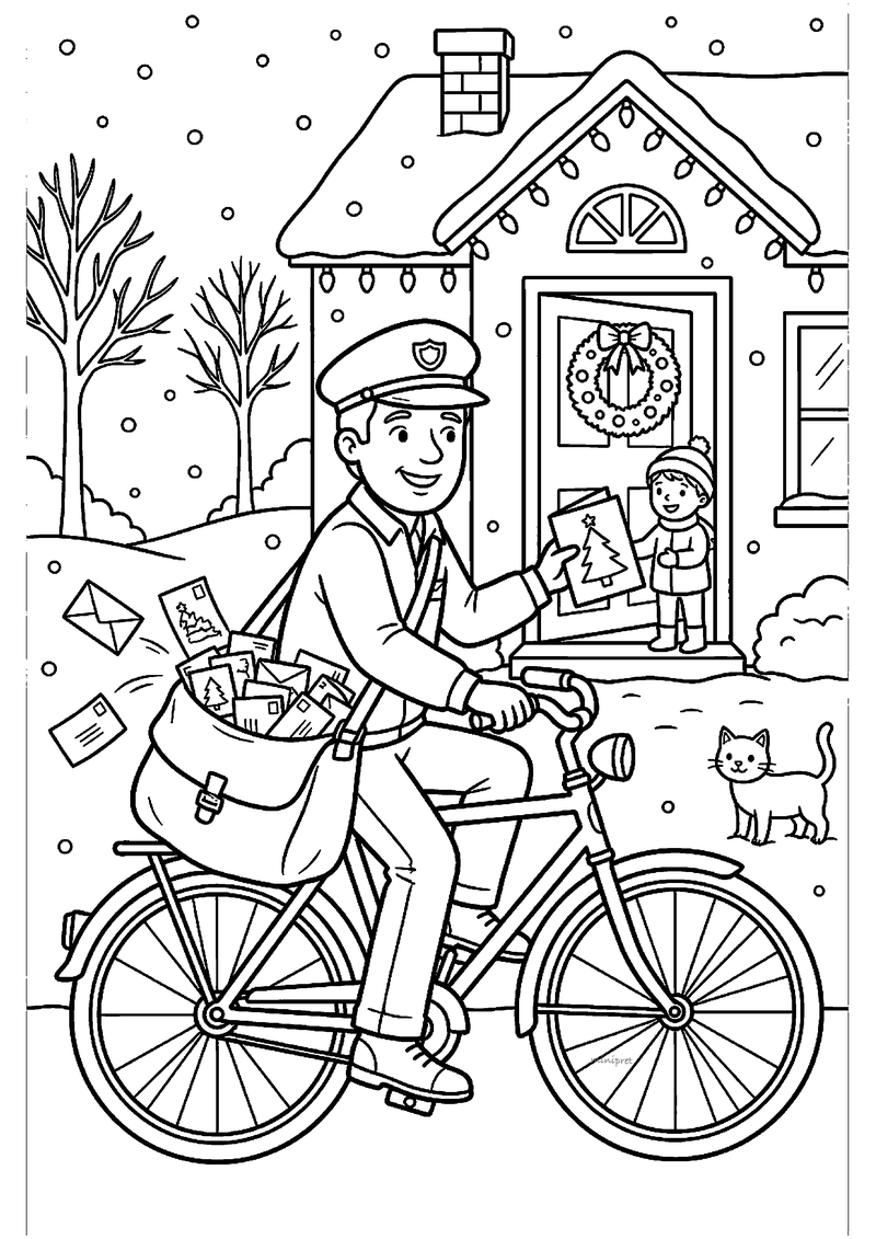 Kleurplaat van postbode met pet op een fiets met posttas vol kerstkaarten, kat ernaast, en kind aan voordeur.