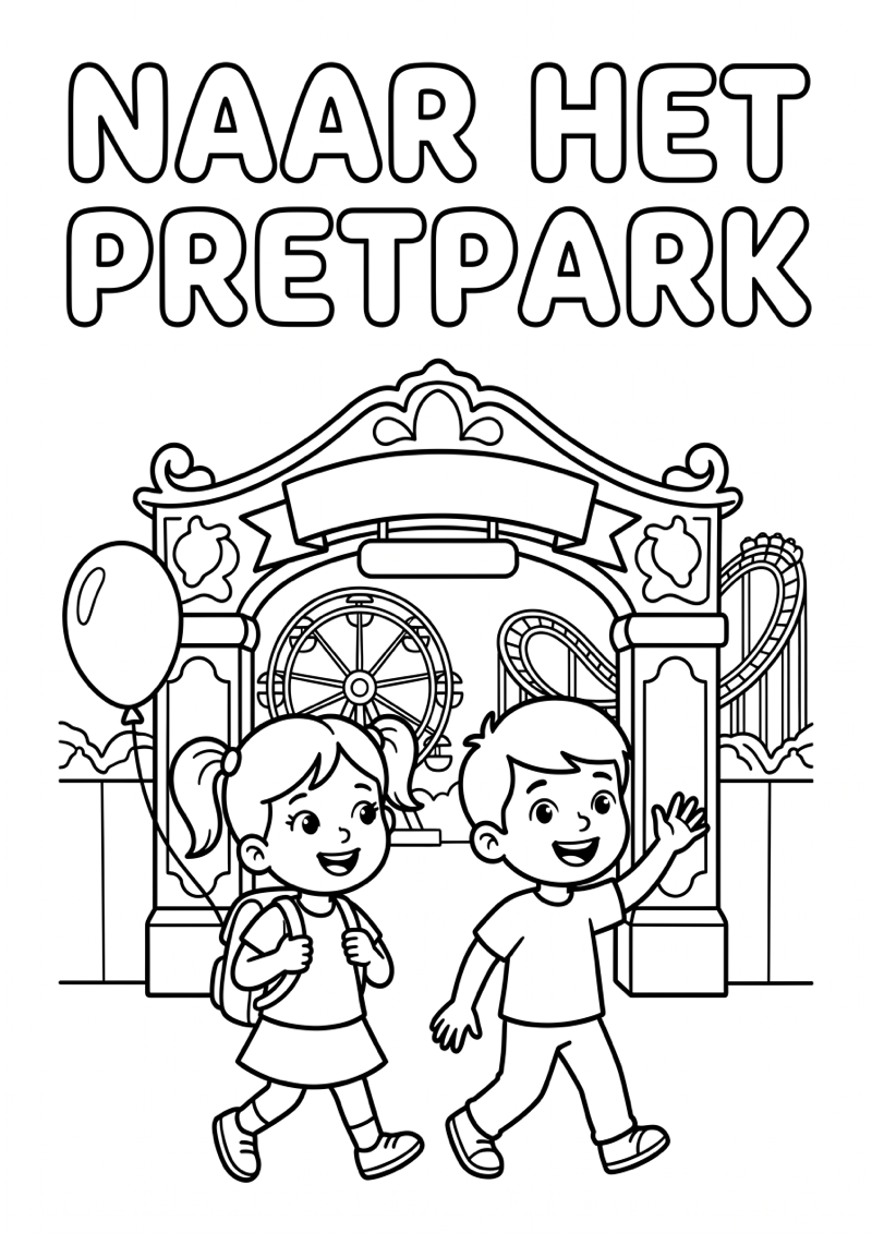Pretpark met School Kleurplaat — gratis kleurplaat printen