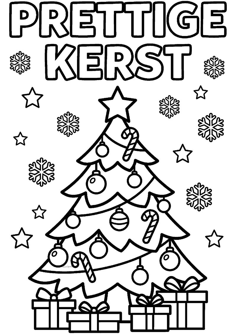 Kleurplaat van een grote versierde kerstboom met ster, zuurstokken en cadeaus, met titel PRETTIGE KERST bovenaan.