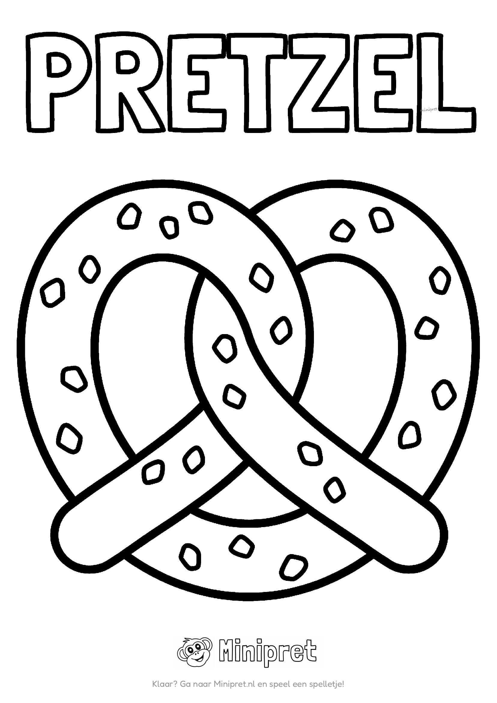 Pretzel als kleurplaat: klassieke pretzel-knoop met grof zout erop