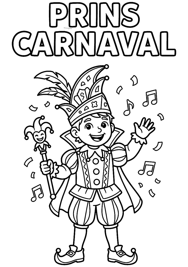 Kleurplaat van Prins Carnaval met verenhoed, cape, narrenscepter en pofbroek tussen confetti en muzieknoten