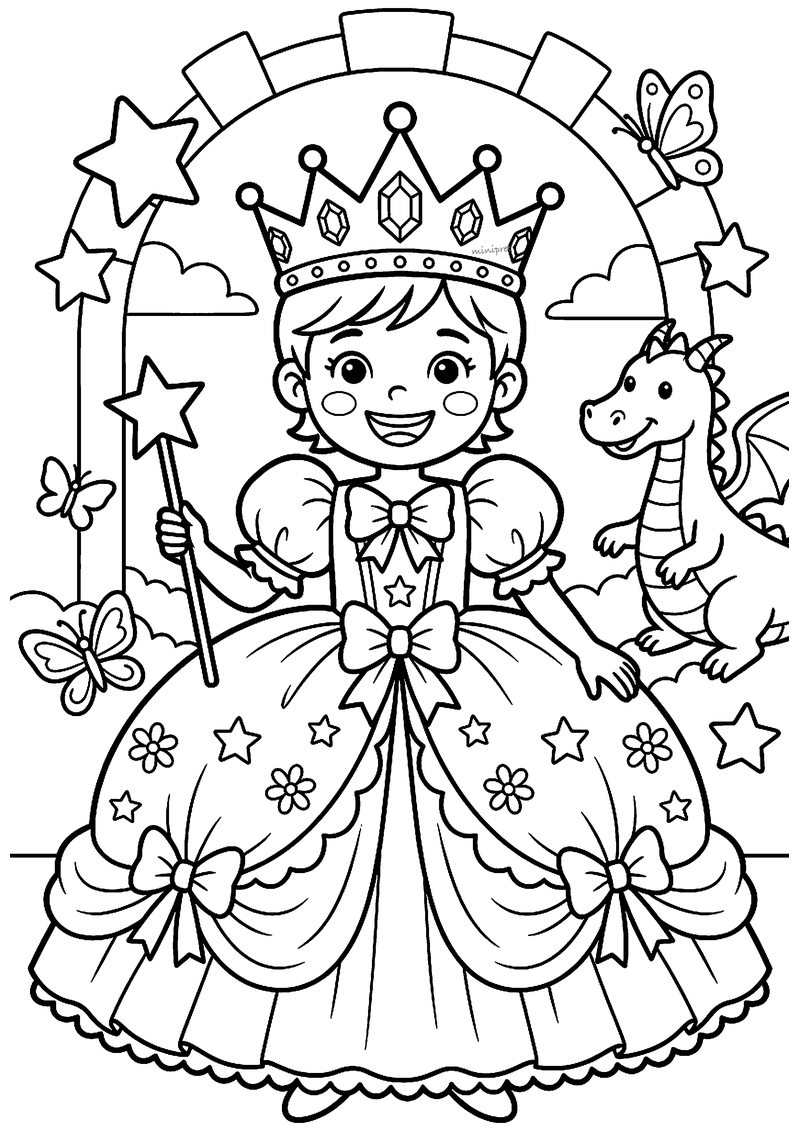 Kleurplaat van een lachende prinses met kroon, sterrenstaf en strikkenjurk, naast een kleine draak en vlinders