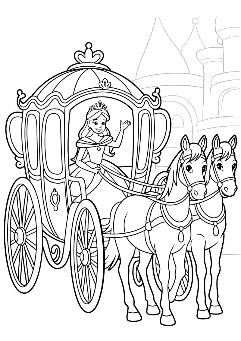 Kleurplaat van een prinses die zwaait vanuit een rijdende koets voor een kasteel, getrokken door twee paarden