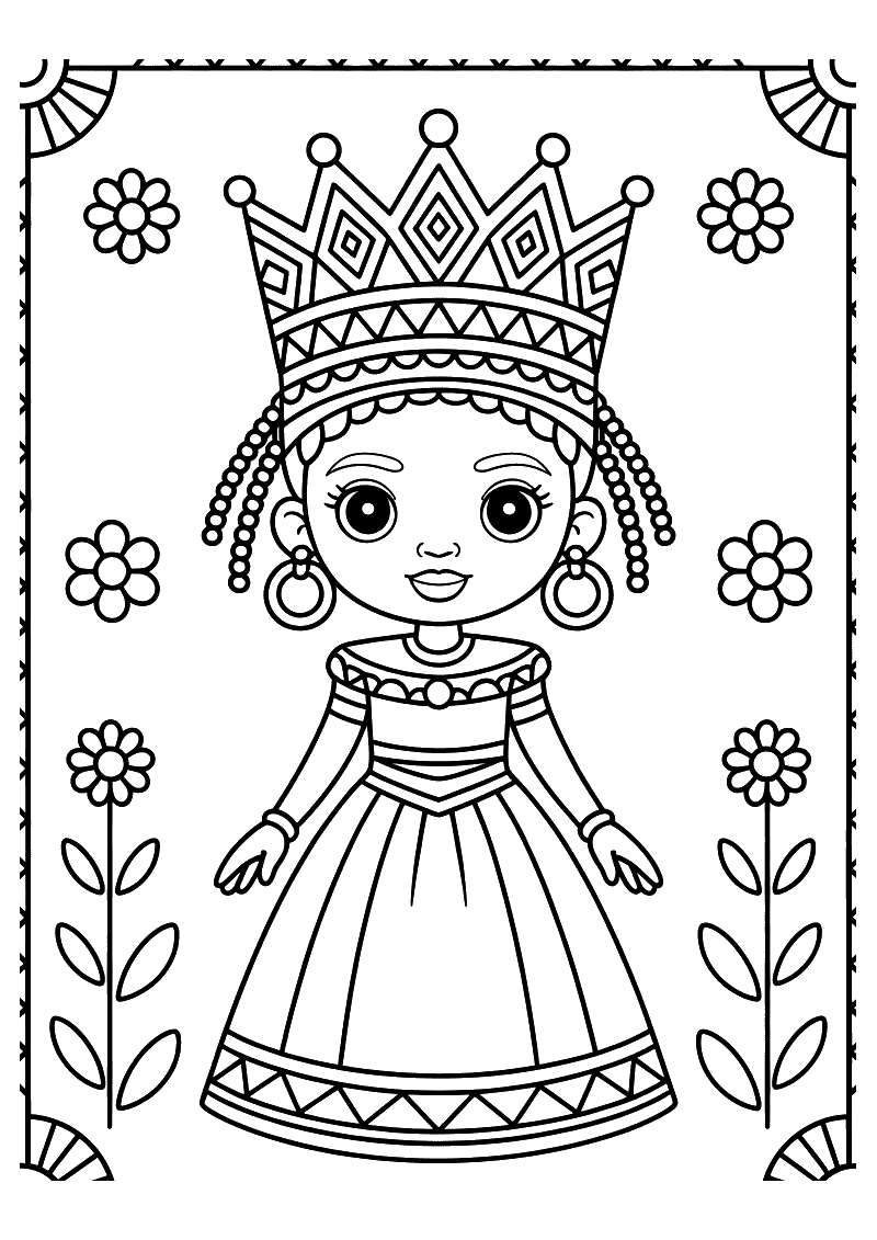 Kleurplaat van een jonge prinses met grote Afrikaanse kroon, lange kralen, traditionele jurk en ronde oorbellen