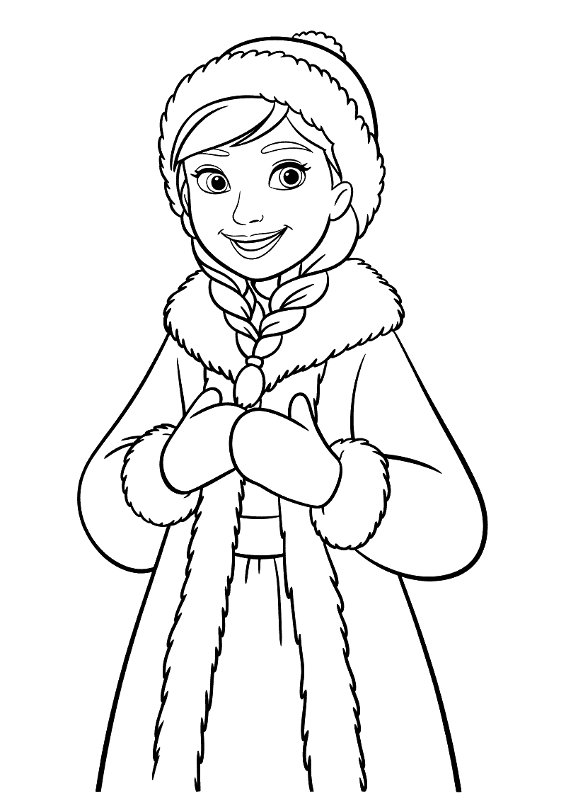 Kleurplaat van prinses Anna in een dikke bontgevoerde winterjas met capuchon, vlecht en wanten