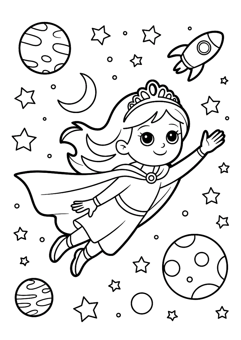 Kleurplaat van een kleine prinses met cape en kroon die door de ruimte zweeft tussen planeten, sterren en een raket
