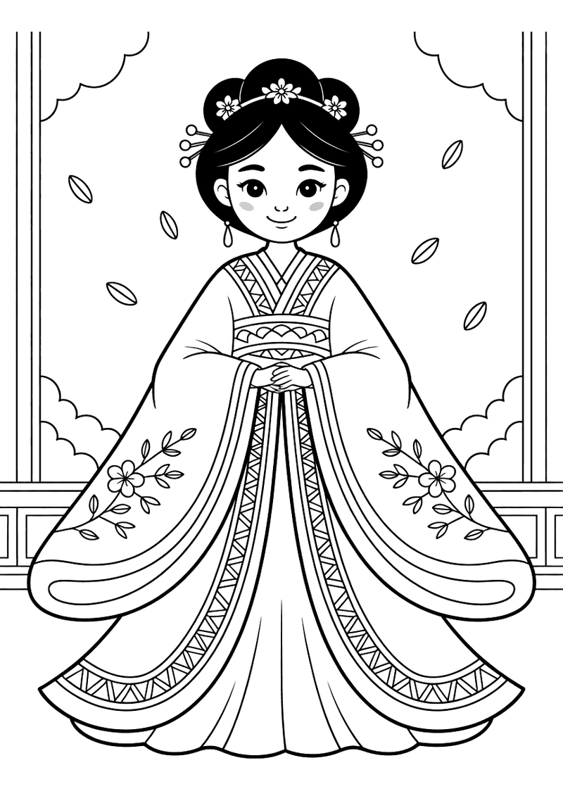 Kleurplaat van een prinses in een traditionele Aziatische jurk met bloempatronen op de mouwen voor sierlijke gordijnen