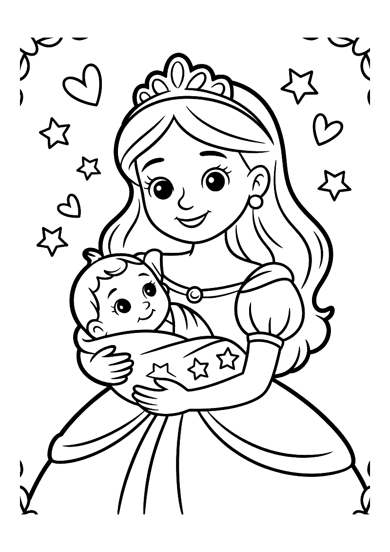 Kleurplaat van een prinses met tiara die een lachende baby vasthoudt in een sterrendeken met hartjes en sterren
