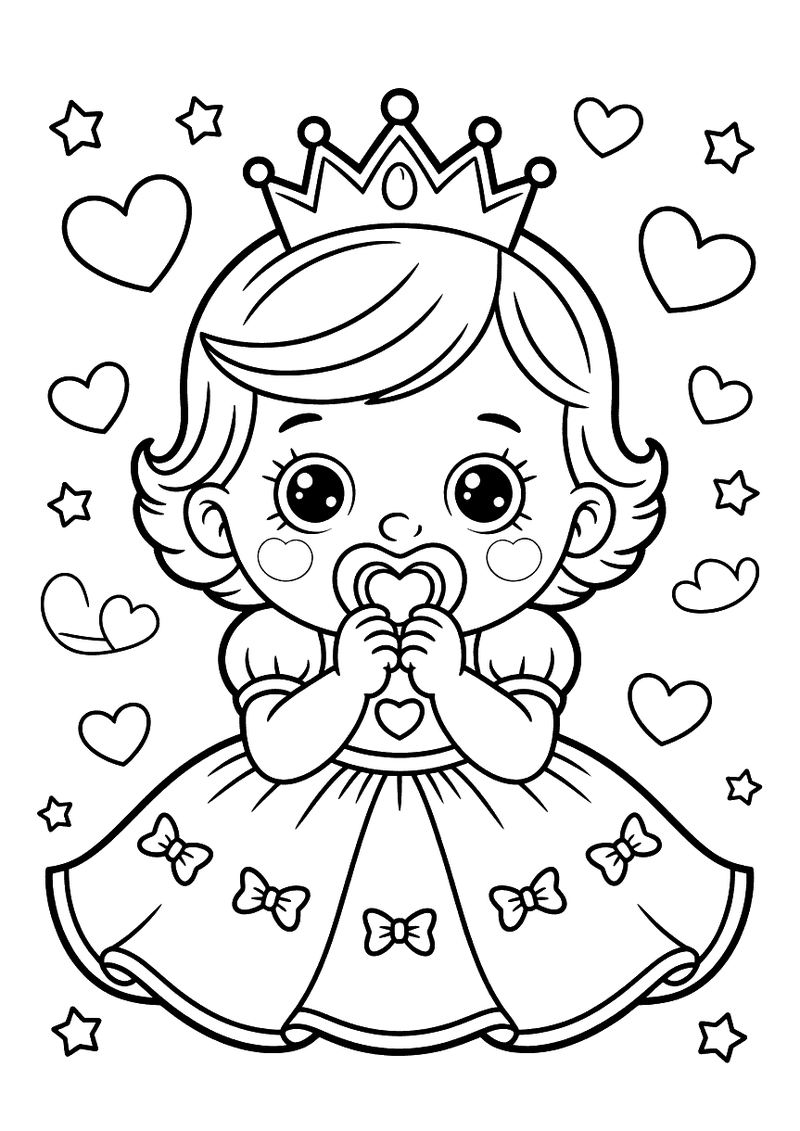 Kleurplaat van een baby-prinses met kroontje en strikjes op haar jurk die een fopspeen vasthoudt met hartjes erom