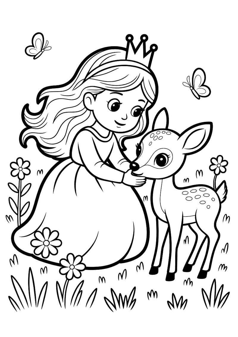 Kleurplaat van een prinses met kroon die in een bloemenveld een klein babyhert aait met vlinders erom