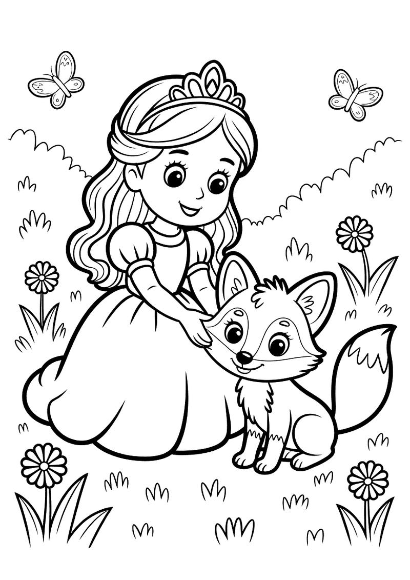 Kleurplaat van een prinses met tiara die in een bloemenveld een kleine vos aait terwijl vlinders eromheen vliegen