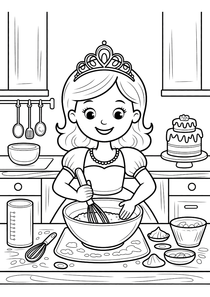 Kleurplaat van een prinses met tiara die in een keuken beslag klopt in een mengkom naast een versierde taart