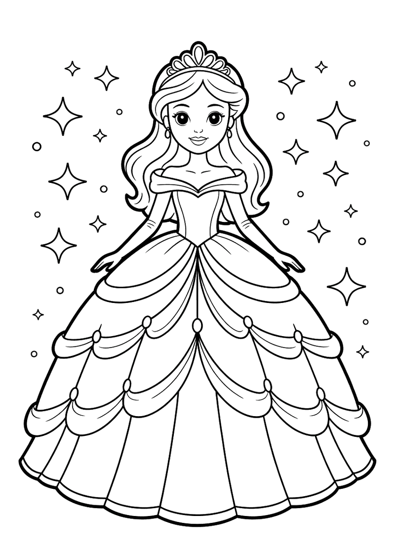 Kleurplaat van een prinses met tiara in een weelderige gelaagde baljurk met ster- en hartornamentjes