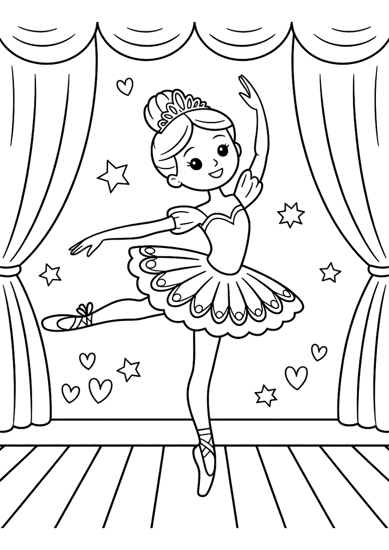 Kleurplaat van een ballerina-prinses die op haar tenenpunten danst op een podium met gordijnen op de achtergrond