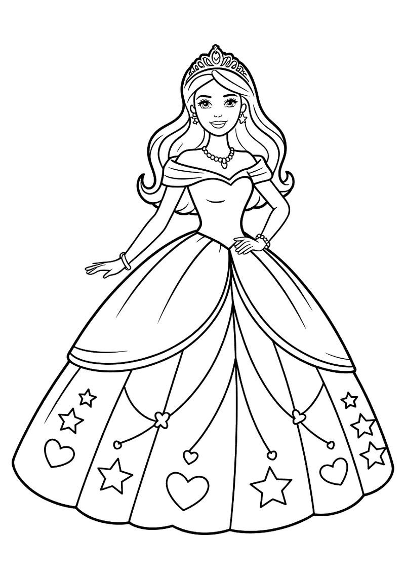 Kleurplaat van een elegante prinses in een grote galajurk met ster- en hartmotieven en een tiara op haar hoofd