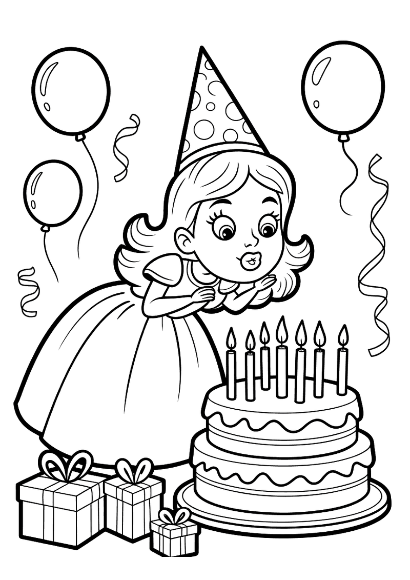 Kleurplaat van een prinses met feestmuts die kaarsen uitblaast op een grote verjaardagstaart met ballonnen