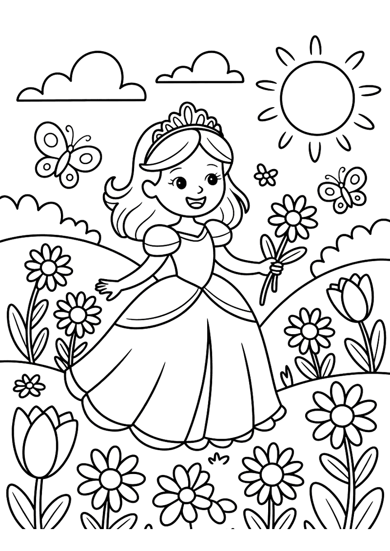 Kleurplaat van een prinses met tiara die bloemen plukt in een veld met tulpen, vlinders en wolken aan de hemel