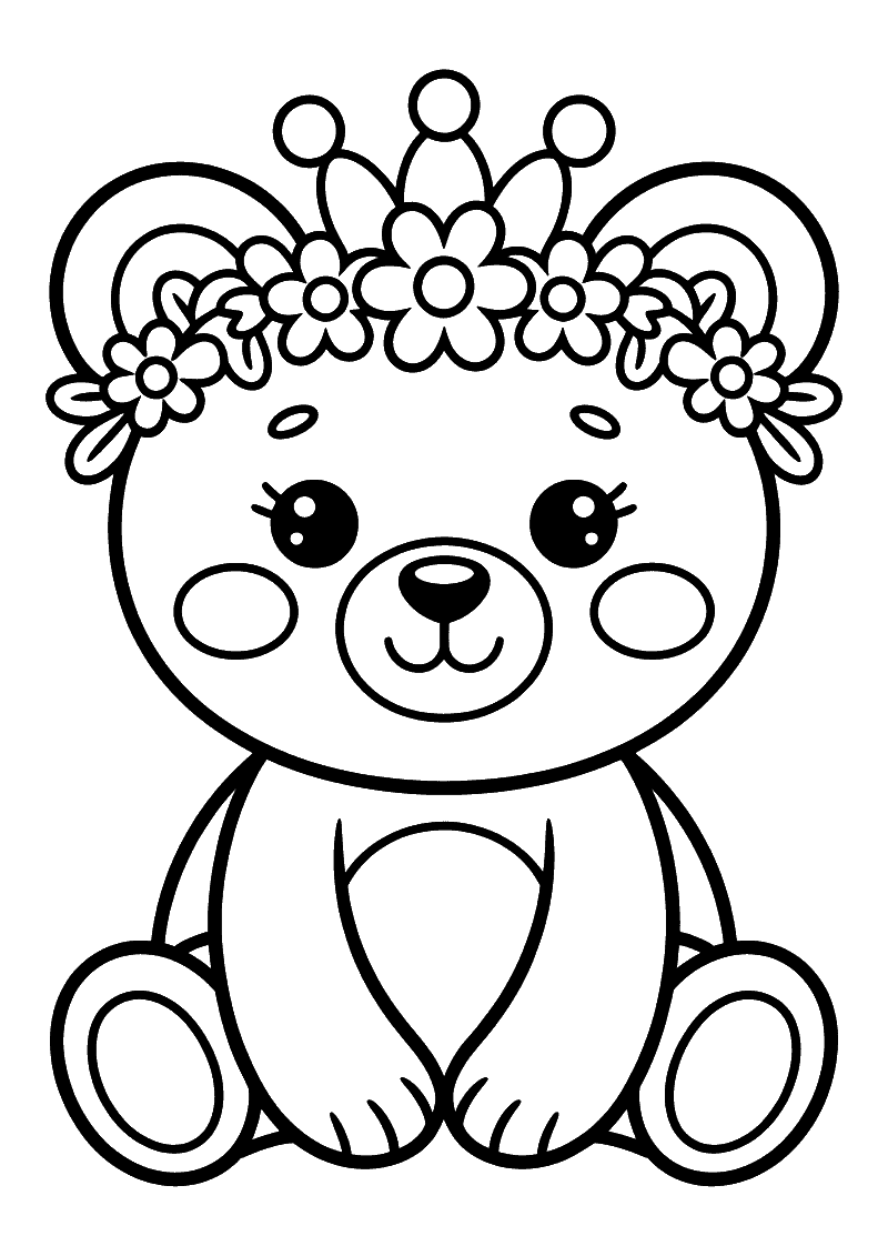 Kleurplaat van een schattig beertje dat rechtop zit met een uitbundige bloemenkroon vol madelieven en ronde bloemen op z