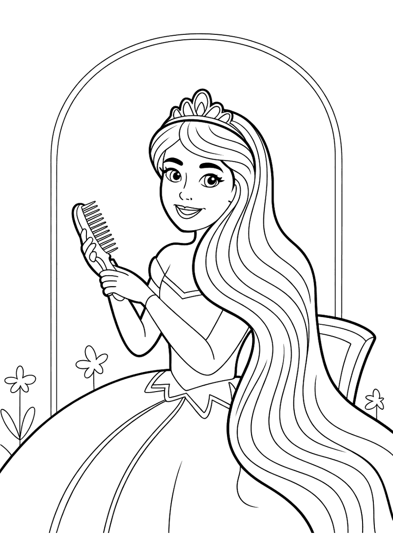 Kleurplaat van een prinses in baljurk die voor een bloemenboog haar lange haar borstelt en over haar schouder kijkt