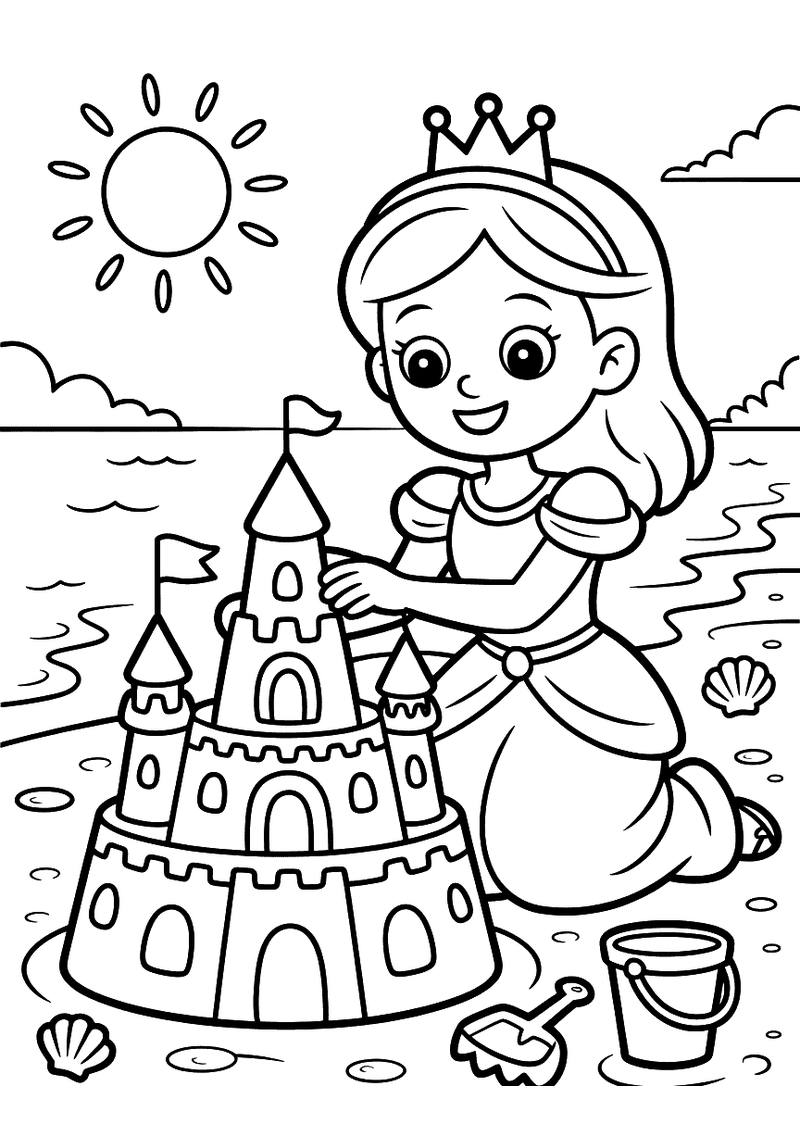Kleurplaat van een prinses met kroon die op het strand een zandkasteel bouwt met emmer en schepje bij zee en zon