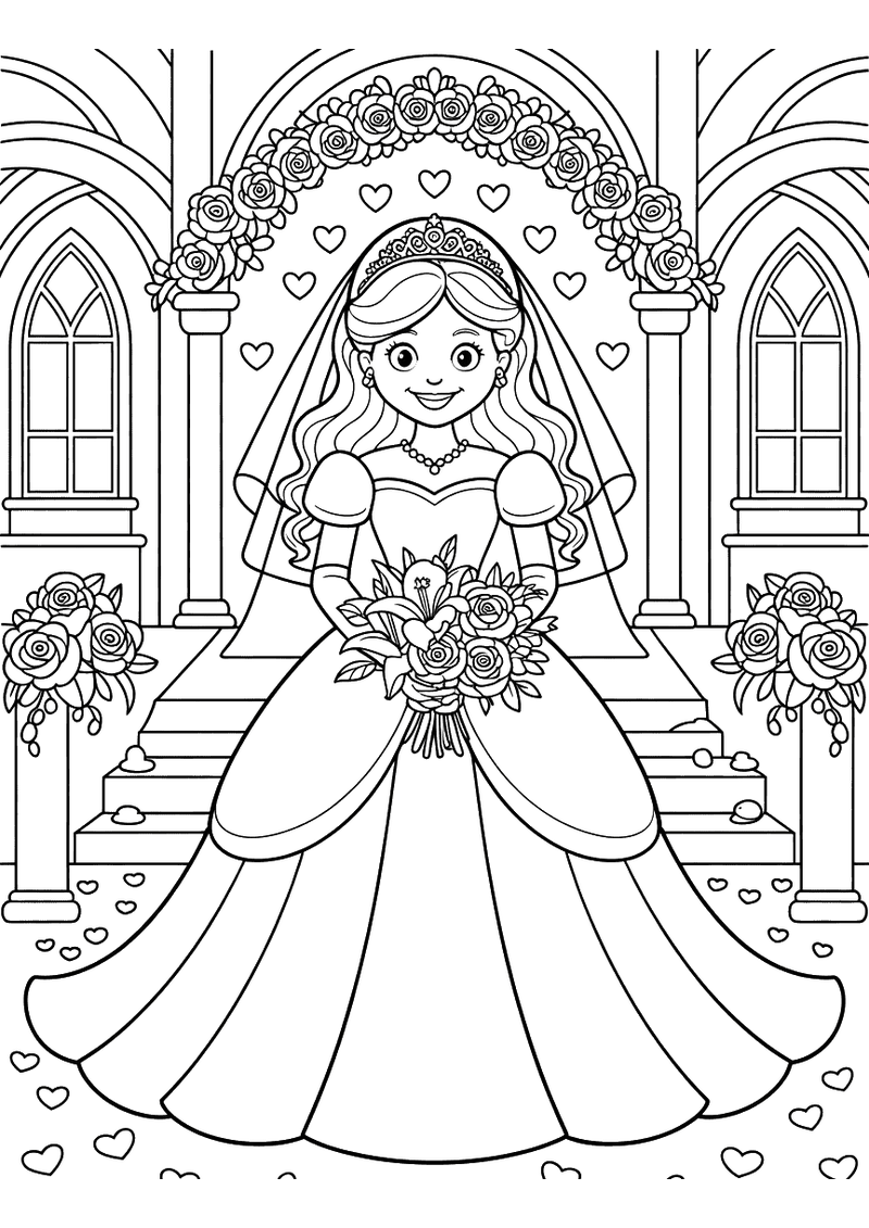 Kleurplaat van een prinses in lange trouwjurk met sluier die een boeketje vasthoudt onder een rozenboog in een kerk